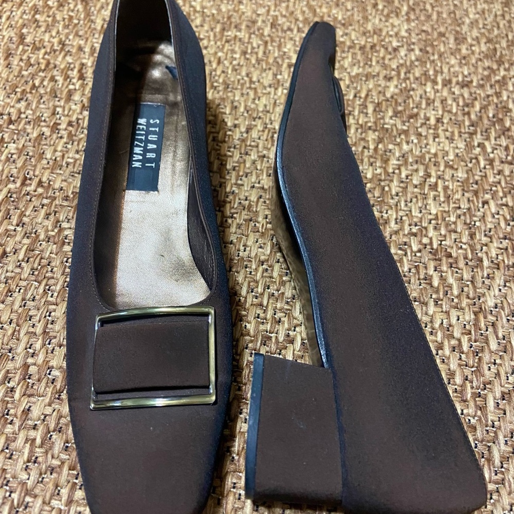 Vintage Stuart Weitzman Dark Brown Flats with Square Buckle & block heel, 11. - Picture 1 of 10